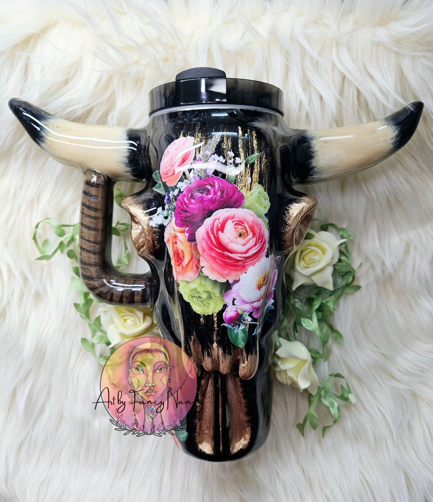 Black Floral Bull Skull 40 oz