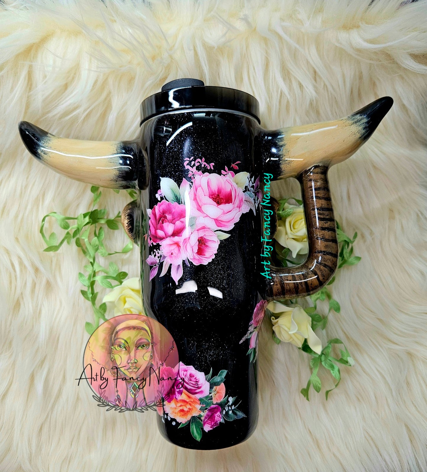 Black Floral Bull Skull 40 oz
