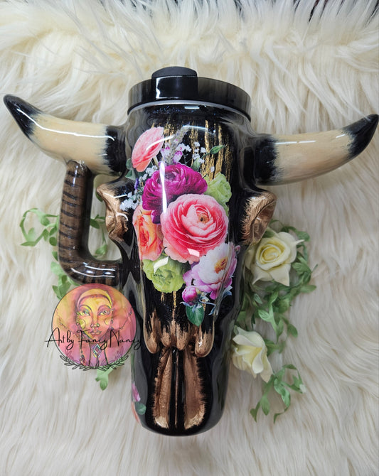 Black Floral Bull Skull 40 oz