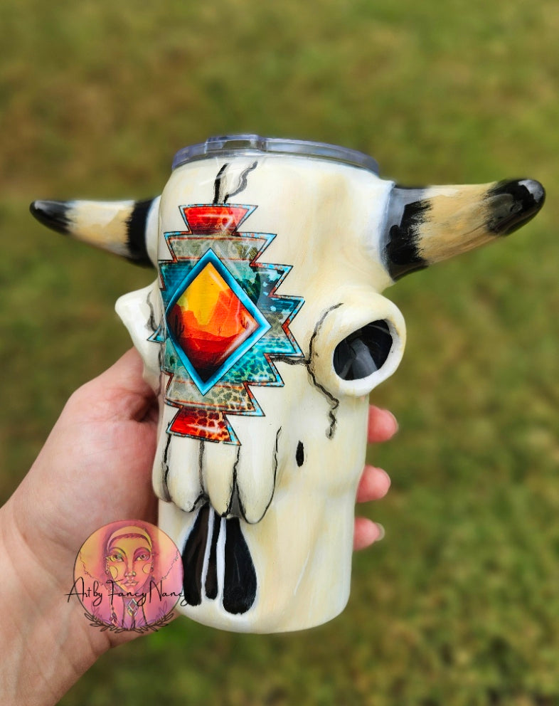 16oz Aztec Bull Skull Tumbler