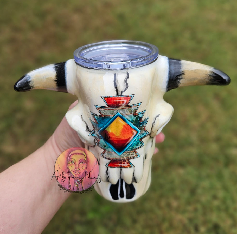 16oz Aztec Bull Skull Tumbler