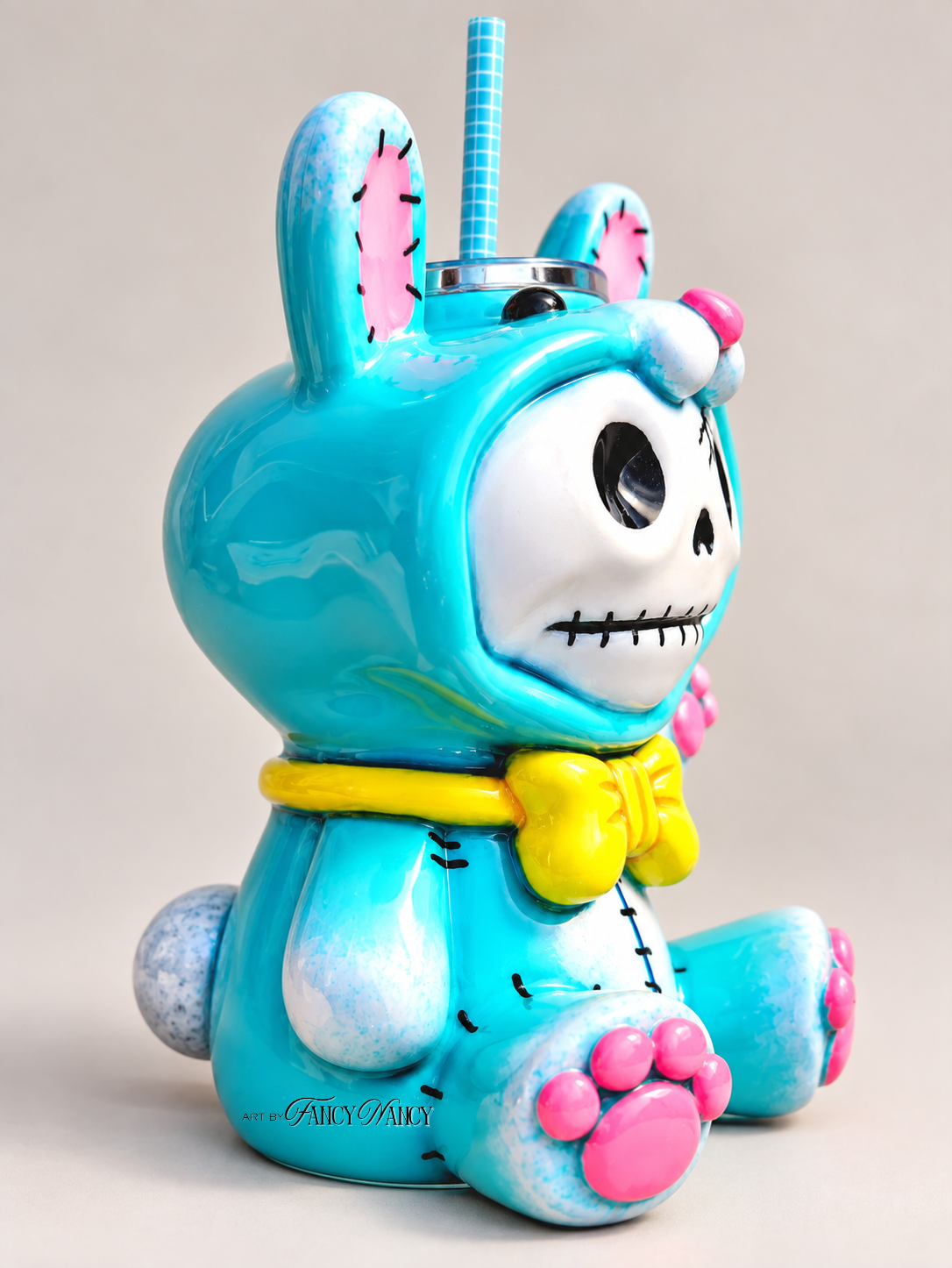 Three-quarter side view of hand-sculpted Funny Bunny skull bunny 3D tumbler