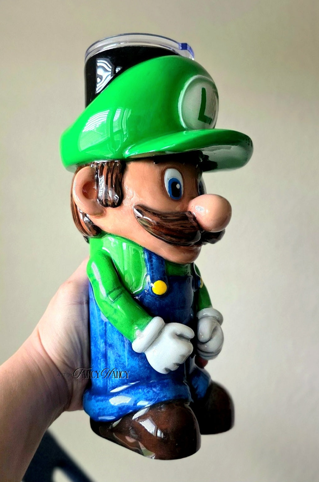 Hand-sculpted Green Plumber Dude 32oz 3D tumbler back view