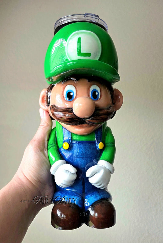 Hand-sculpted Green Plumber Dude 32oz 3D tumbler front view