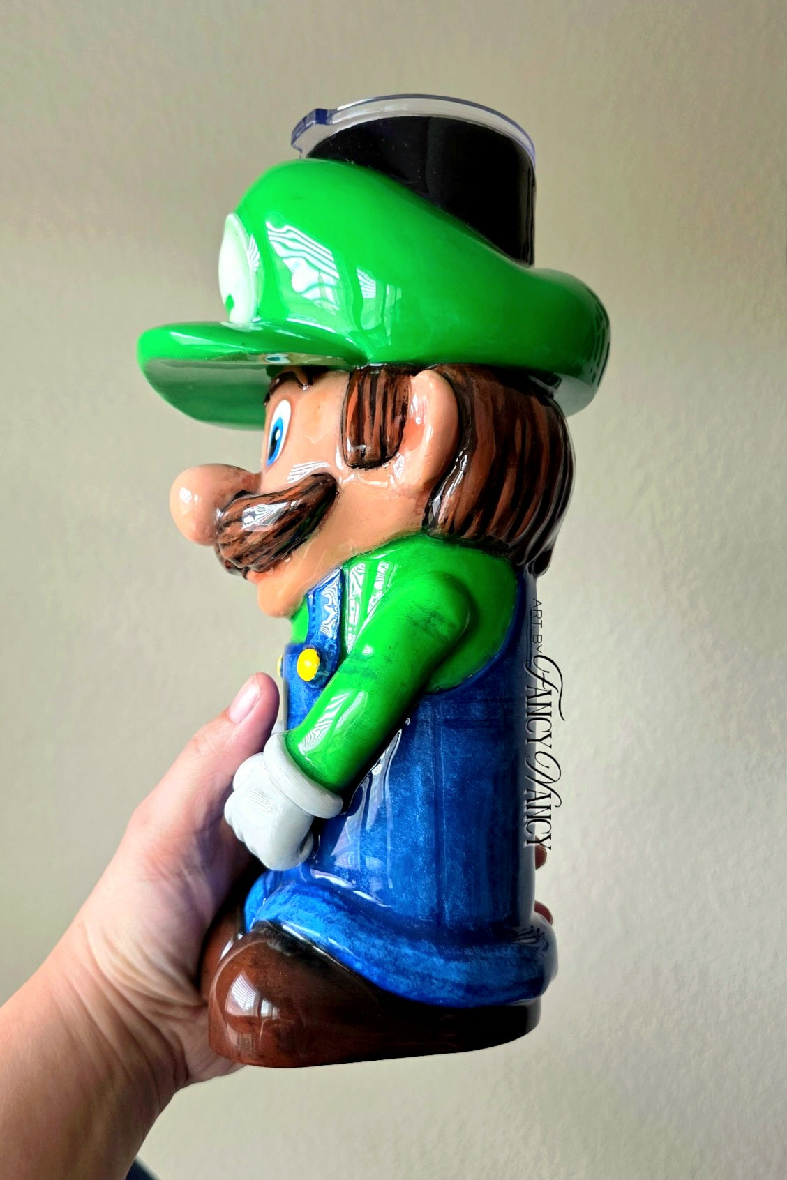 Hand-sculpted Green Plumber Dude 32oz 3D tumbler side view