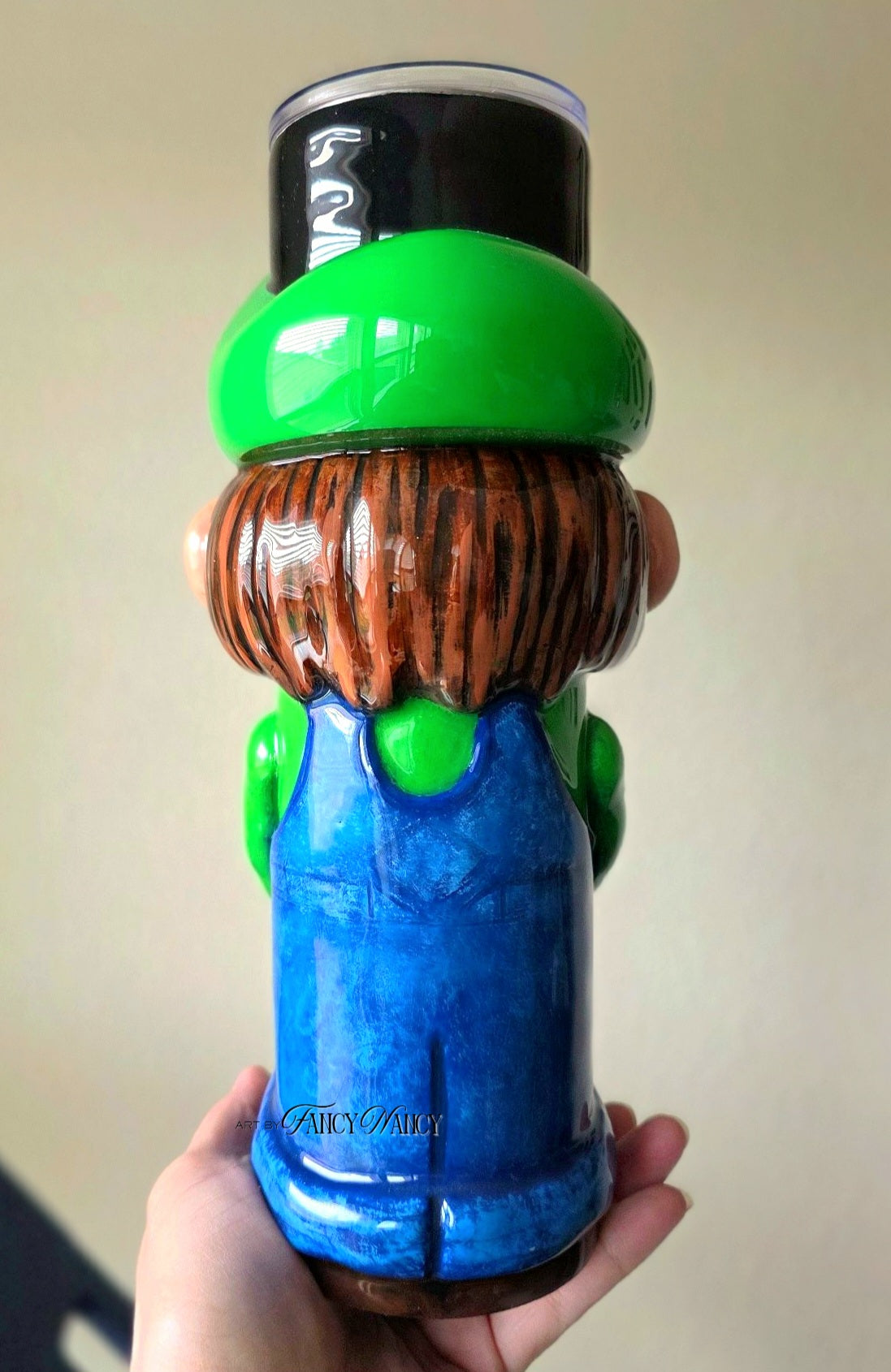 Hand-sculpted Green Plumber Dude 32oz 3D tumbler three-quarter view