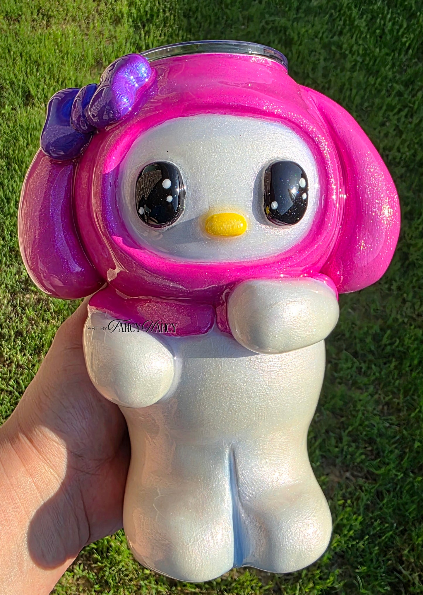 Pink cat in bunny hat 24oz