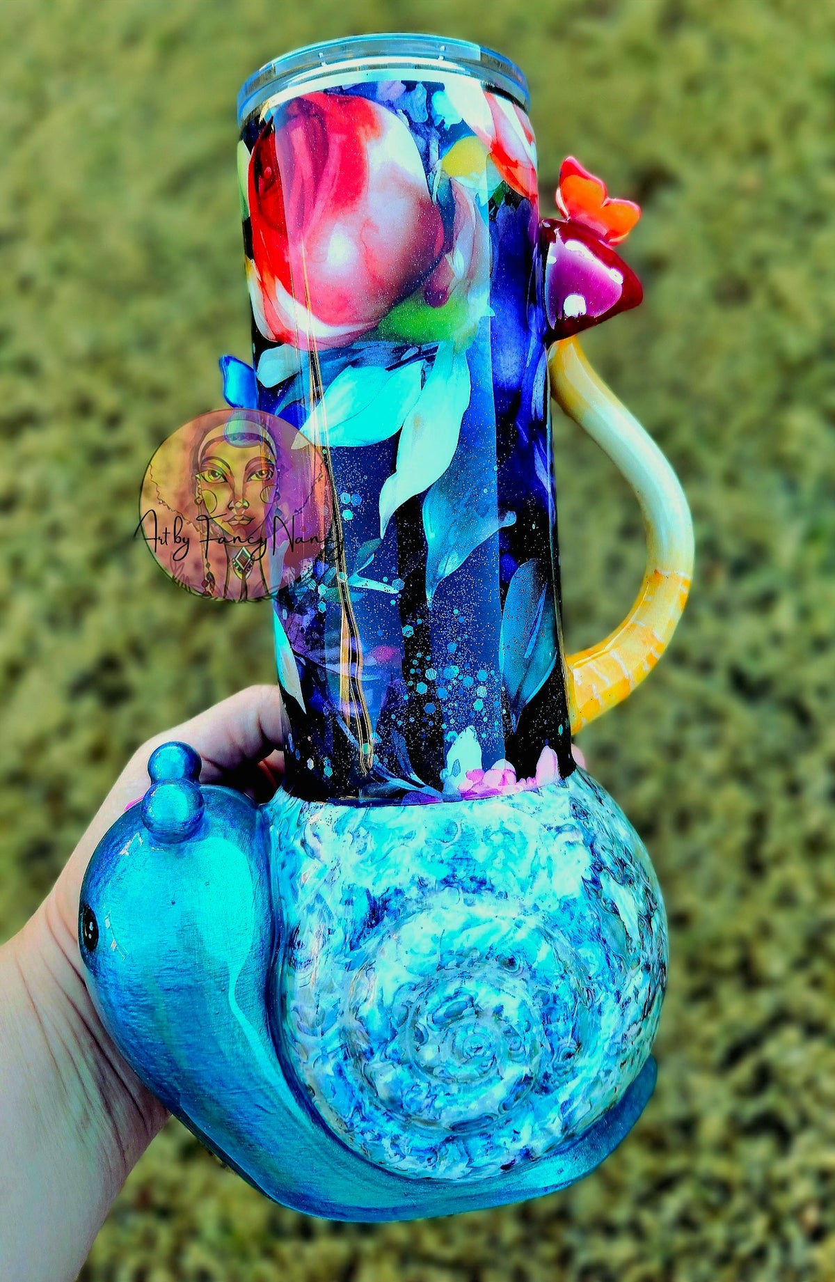 Spring Snail 32oz 3D tumbler with turquoise snail, floral design and mushroom handle