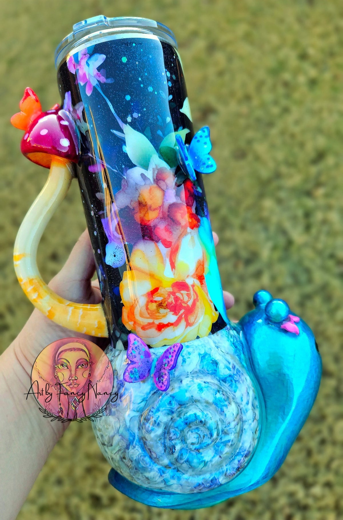 Spring Snail 32oz 3D tumbler with turquoise snail, butterflies and floral artwork