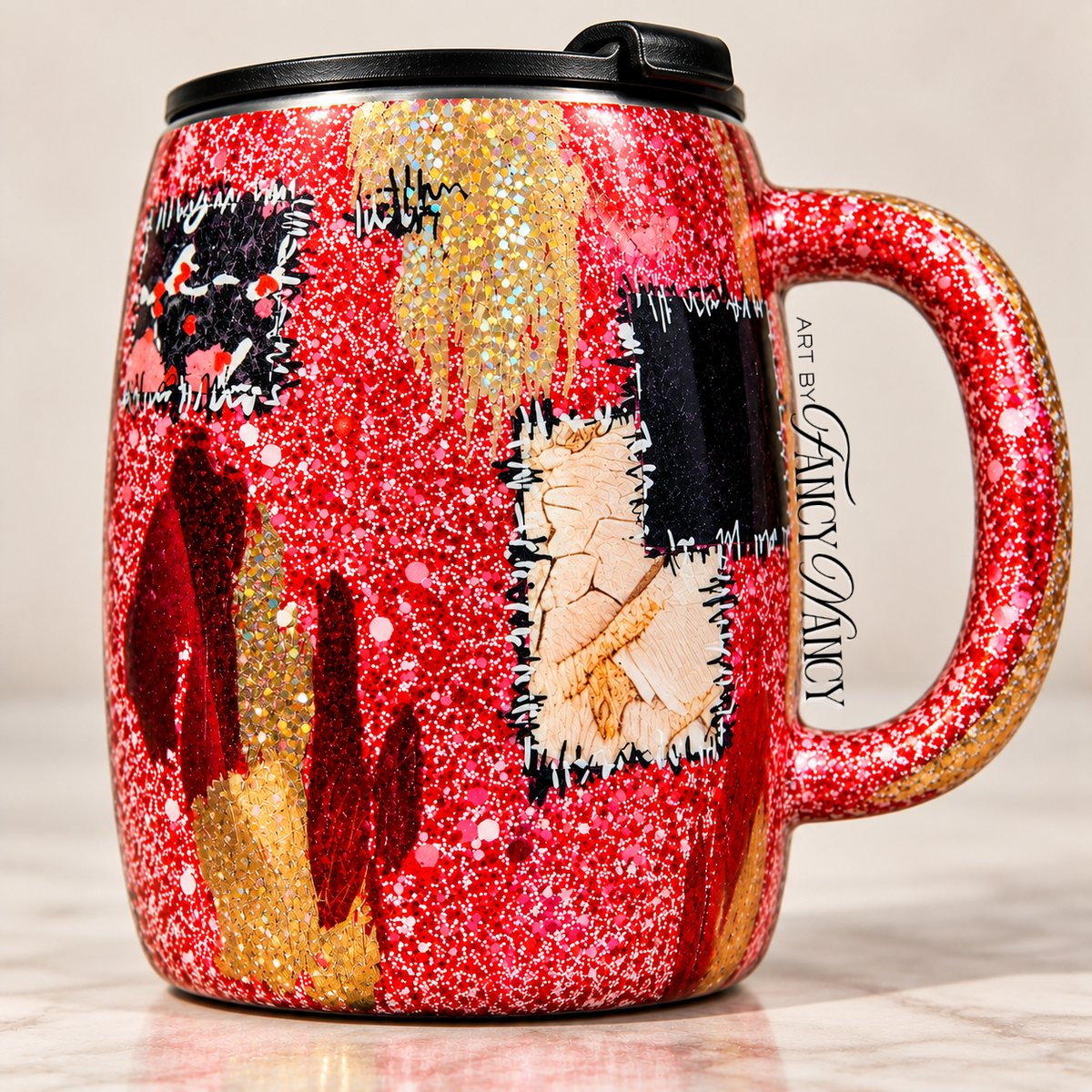 XO patchwork glitter 14oz epoxy mug opposite side view