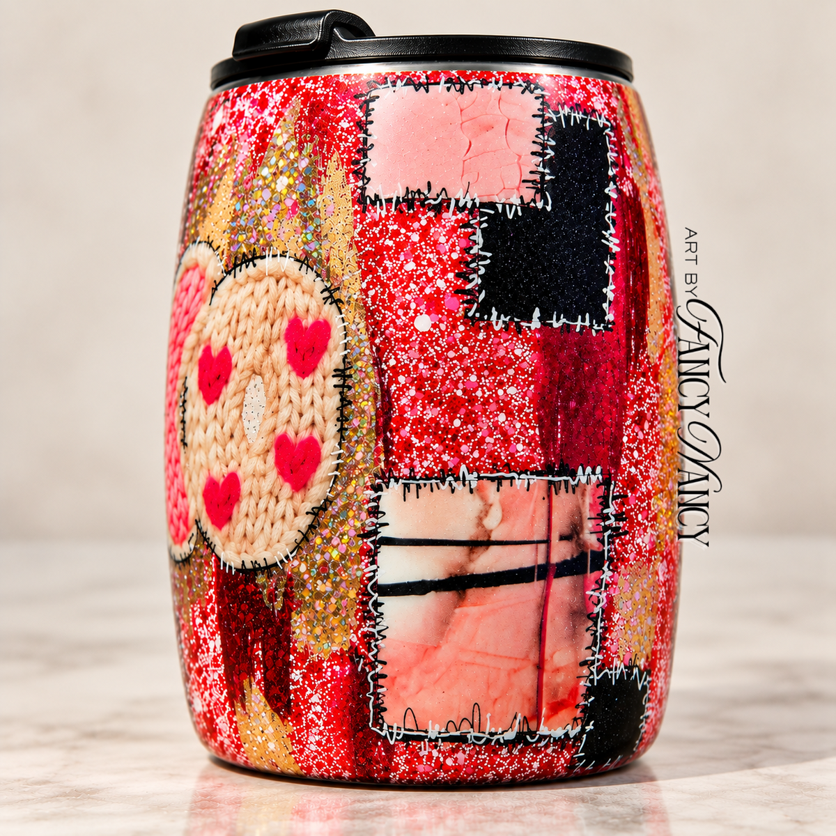 XO patchwork glitter 14oz epoxy mug handle-free view