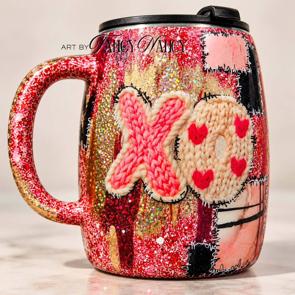 XO patchwork glitter 14oz epoxy mug front view